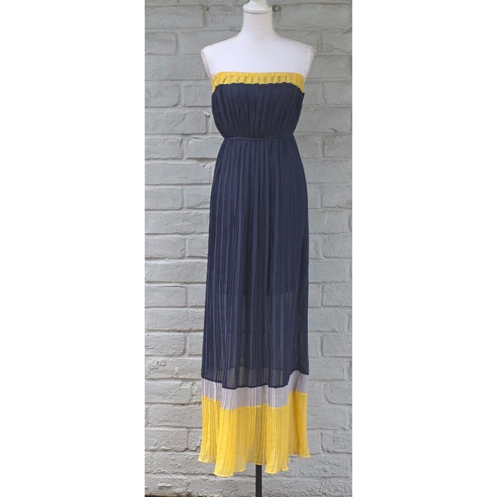 Body Central Colorblock Strapless Maxi Dress Pleated Chiffon Navy Yellow Grey M